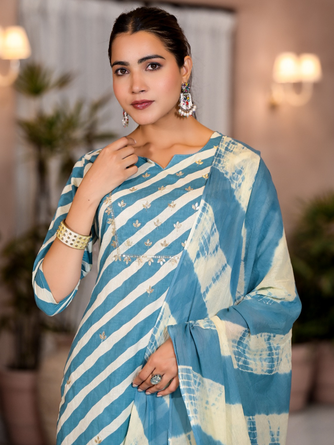 Sky Blue Striped Muslin Dupatta Set