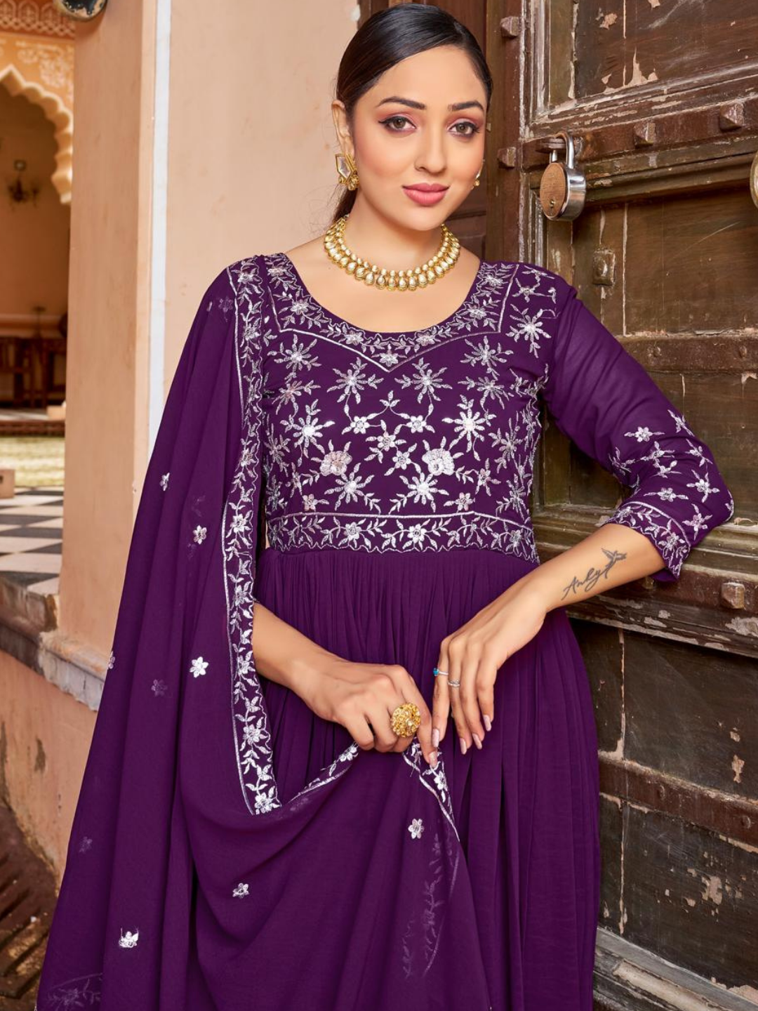 Stunning Festive Embroidered Georgette Gown Set