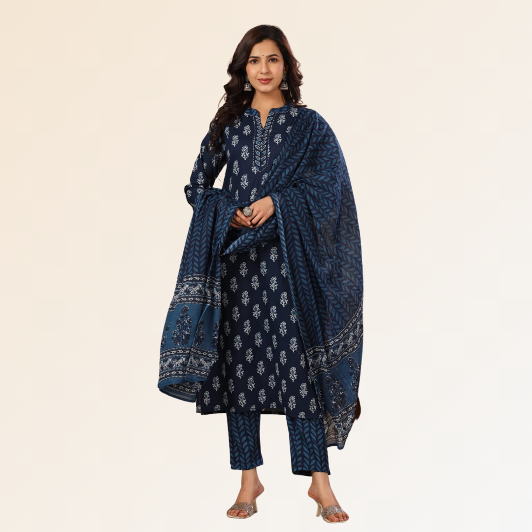 Indigo Hand Block Dupatta Set