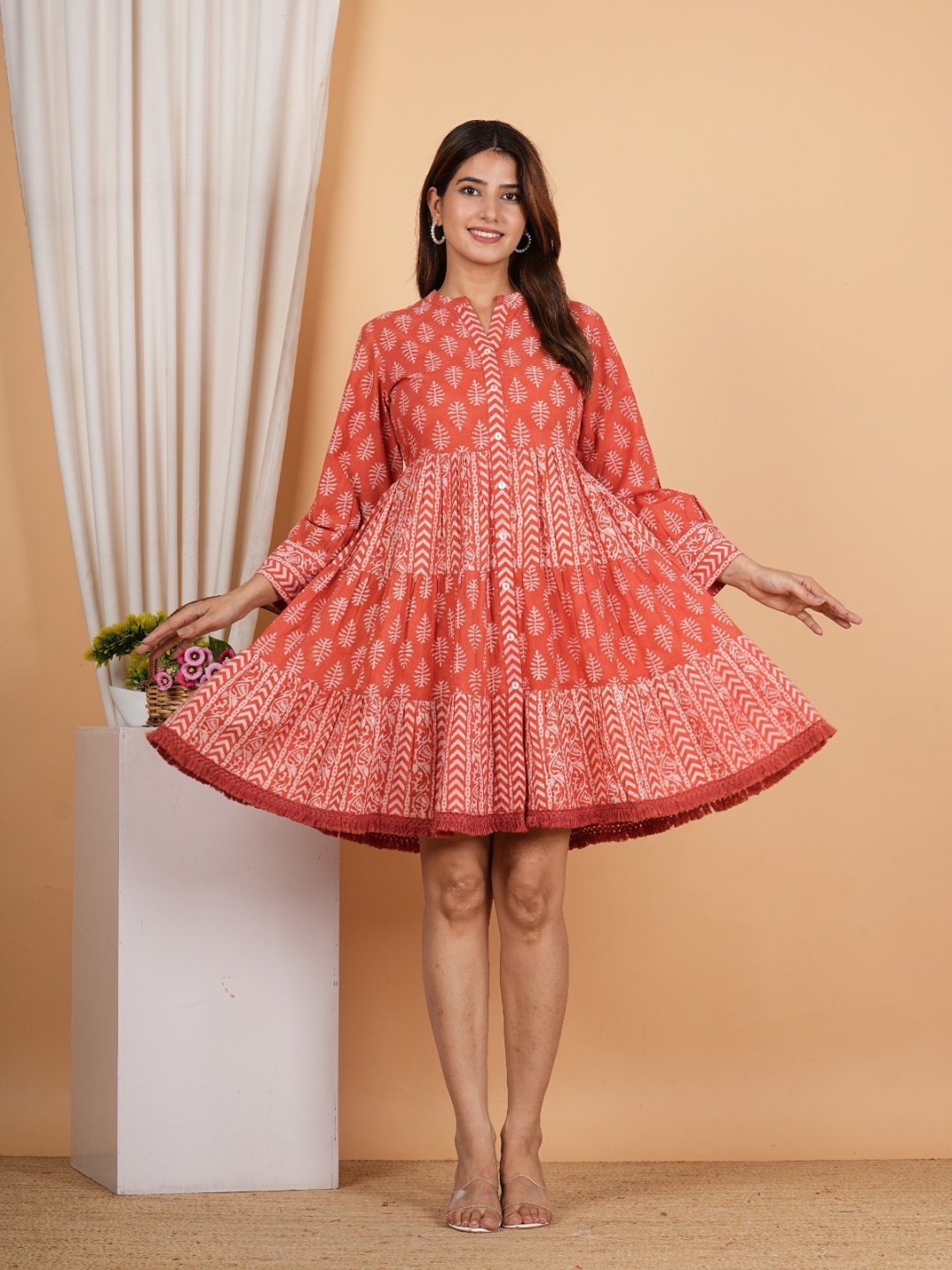Rustic Elegance: Handblock Cotton Flared Dress