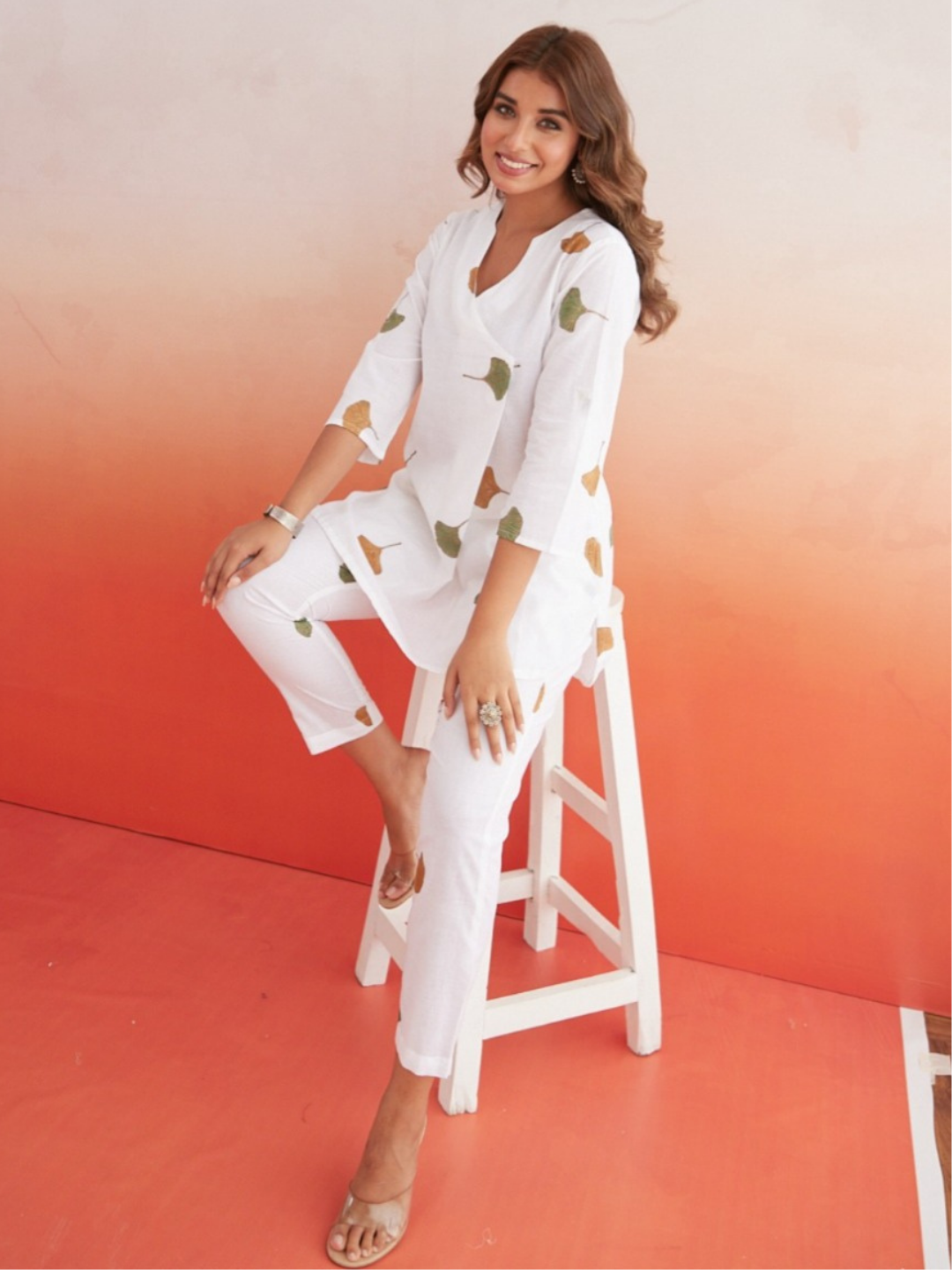 White Co-ord Set with Leaves Motifs