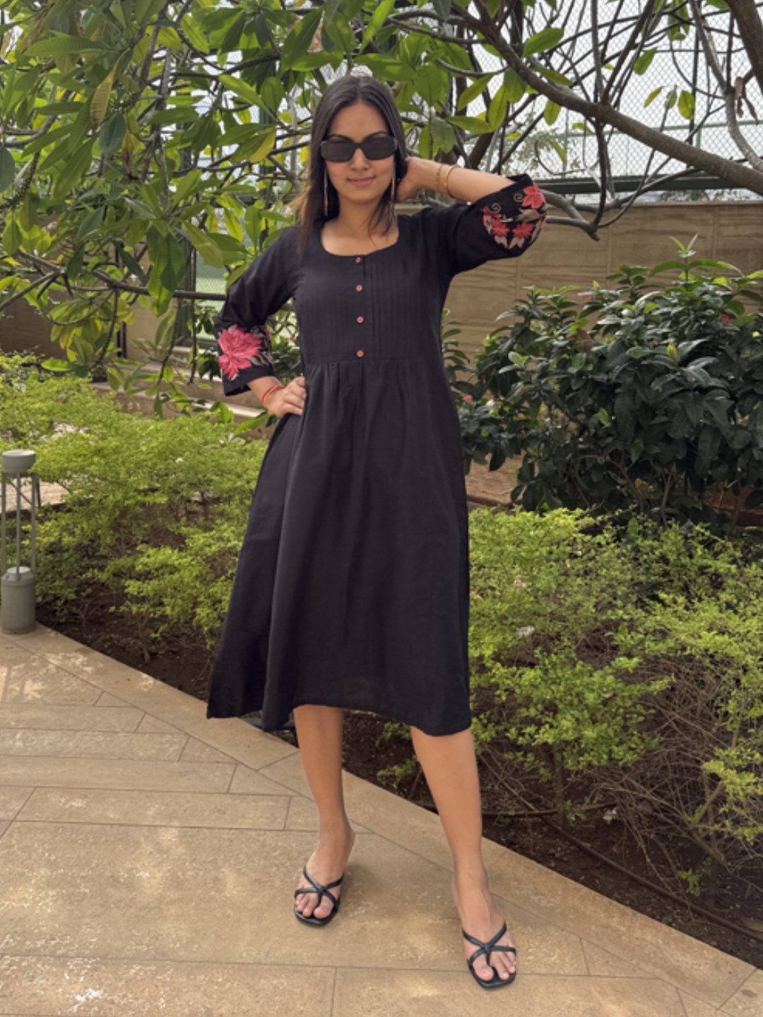Graceful Black Cotton Embroidered Dress