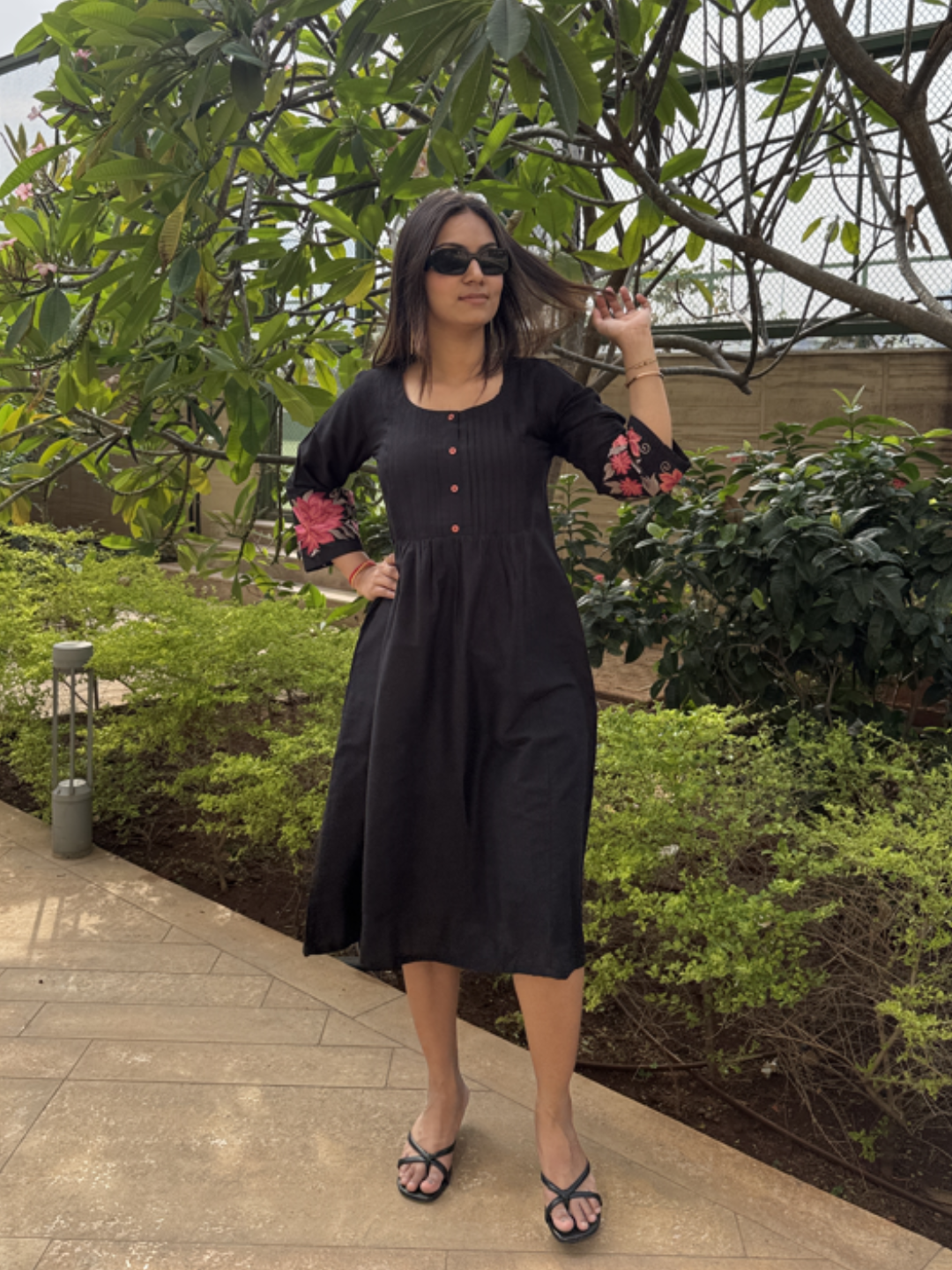 Graceful Black Cotton Embroidered Dress