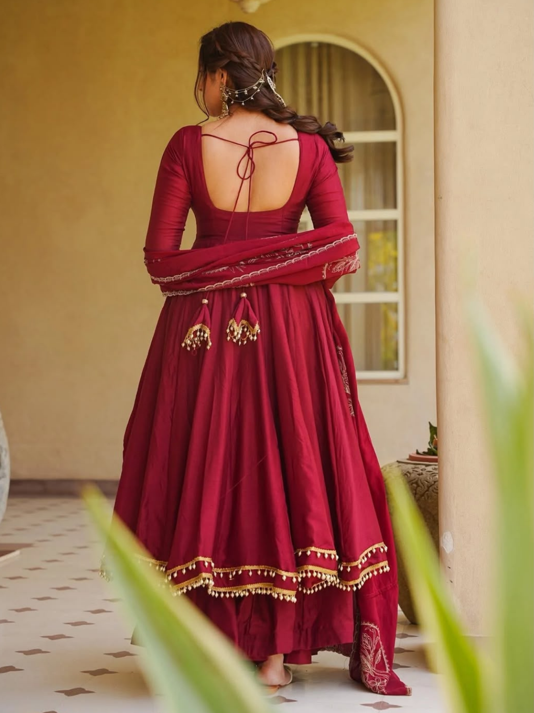 Regal Deep Red Roman Silk Anarkali