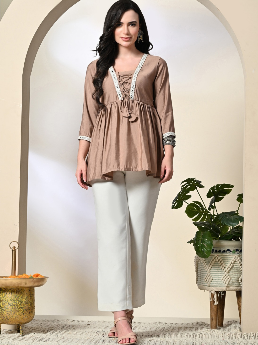 Onion Pink Flowy Lace-Detail Top