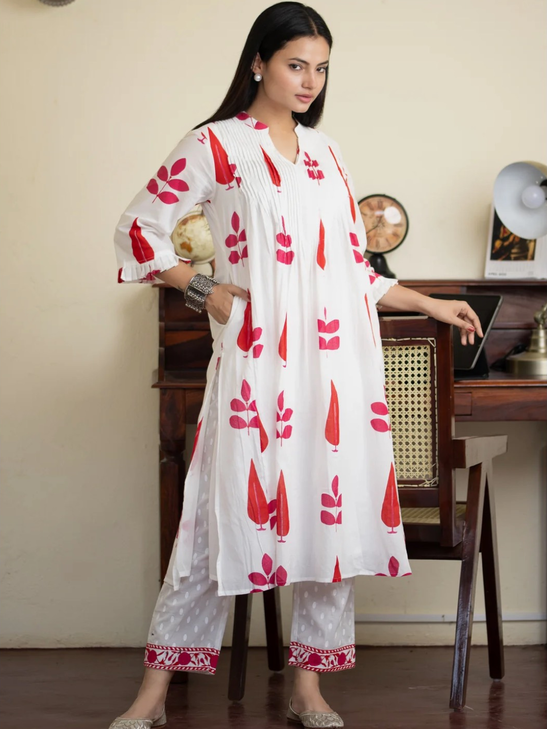 Hand Block Print Cotton Co-ord Set with Pintuck Yoke