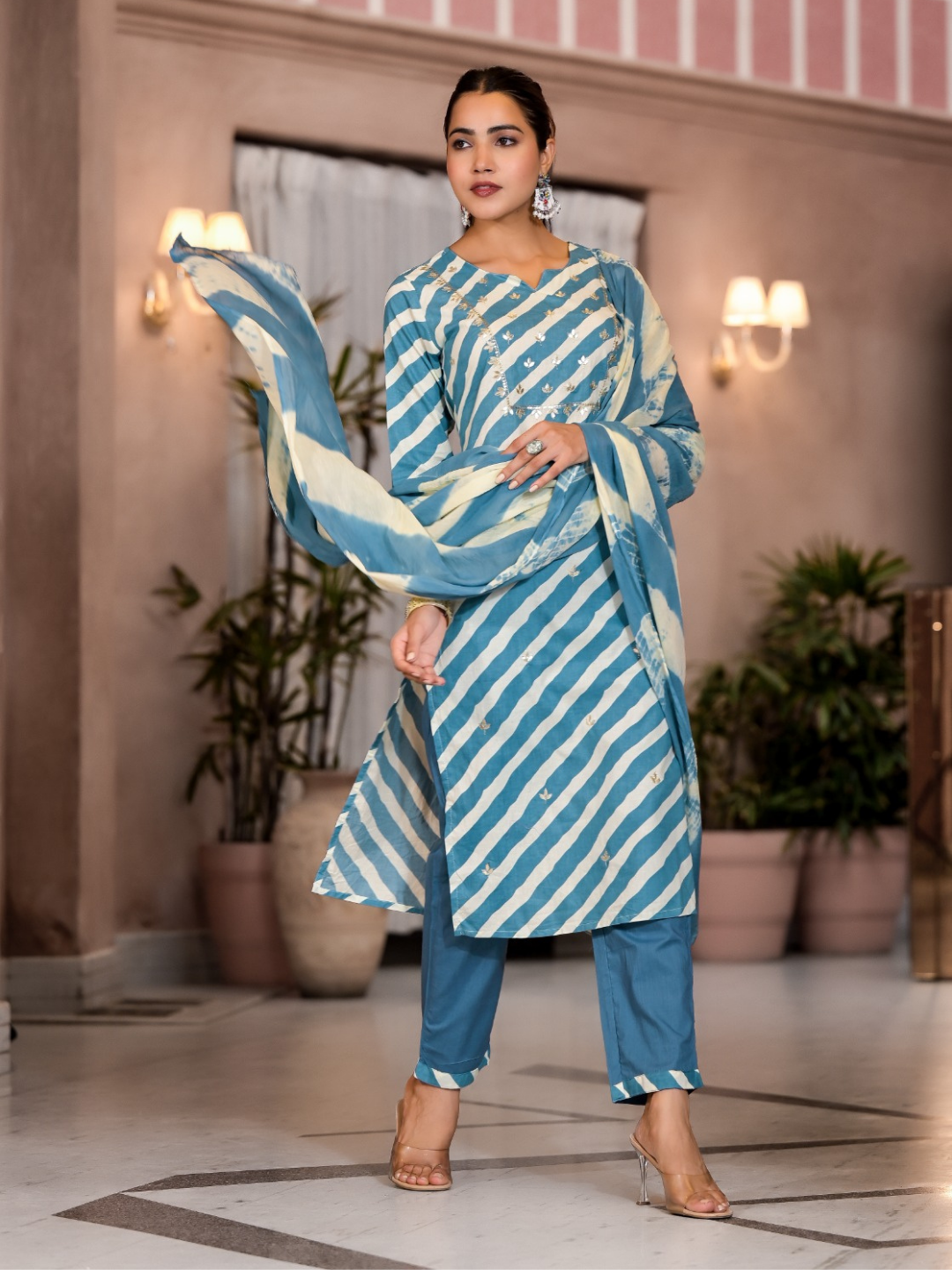 Sky Blue Striped Muslin Dupatta Set