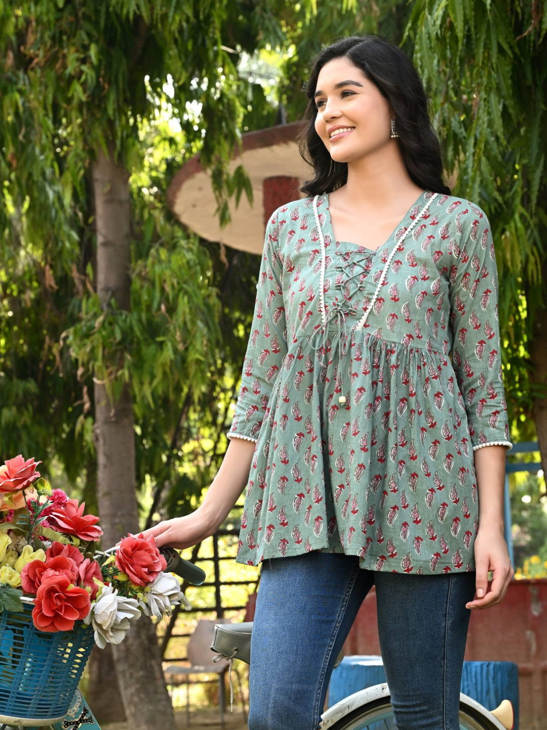 Green Tunic with Red Block Print Motifs