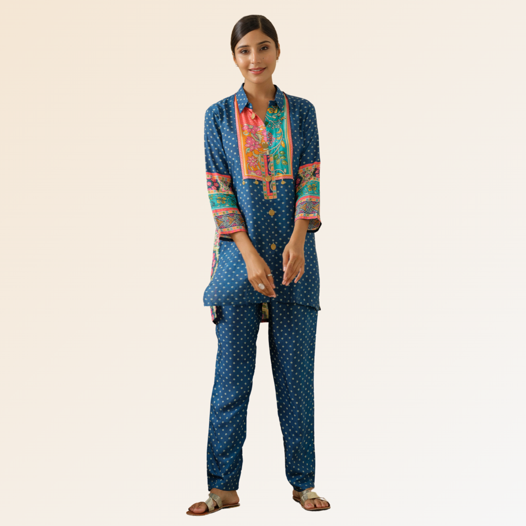 Blue Bandhani Print Muslin Co-Ord Set