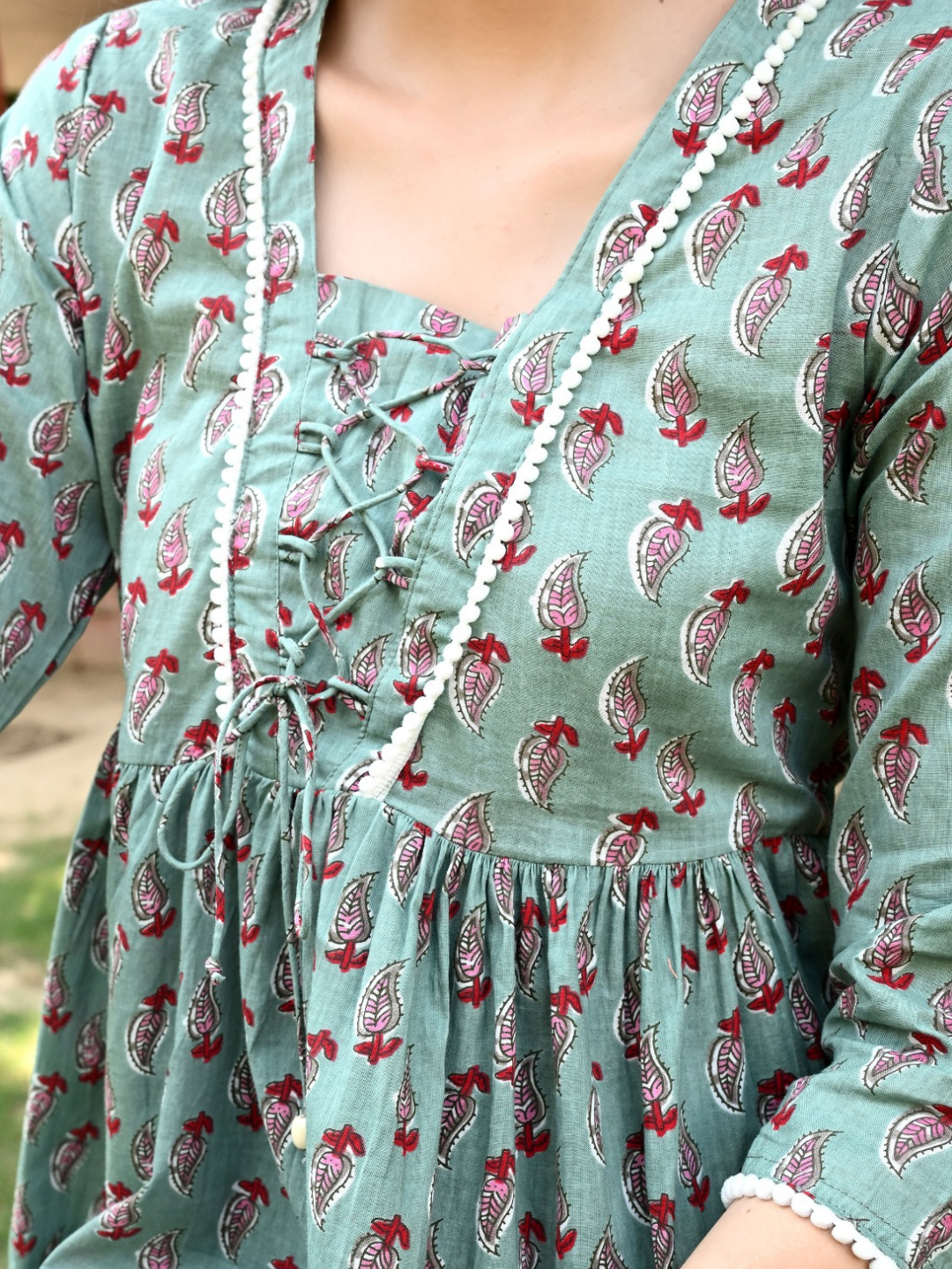 Green Tunic with Red Block Print Motifs