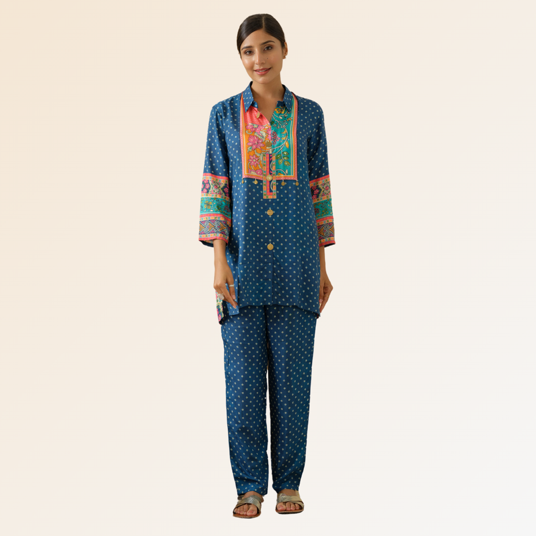 Blue Bandhani Print Muslin Co-Ord Set
