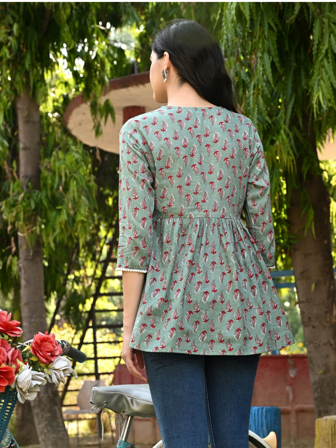 Green Tunic with Red Block Print Motifs