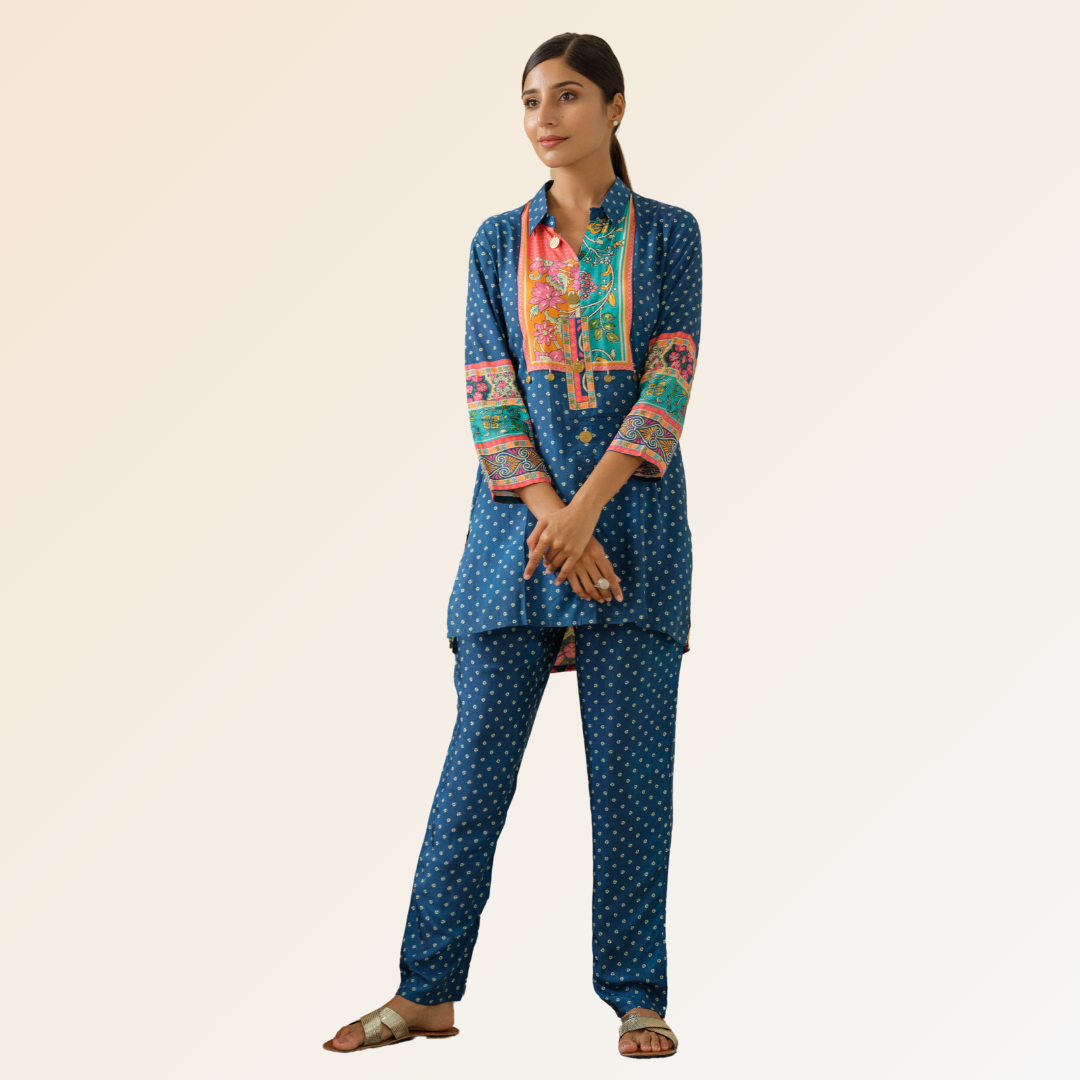 Blue Bandhani Print Muslin Co-Ord Set