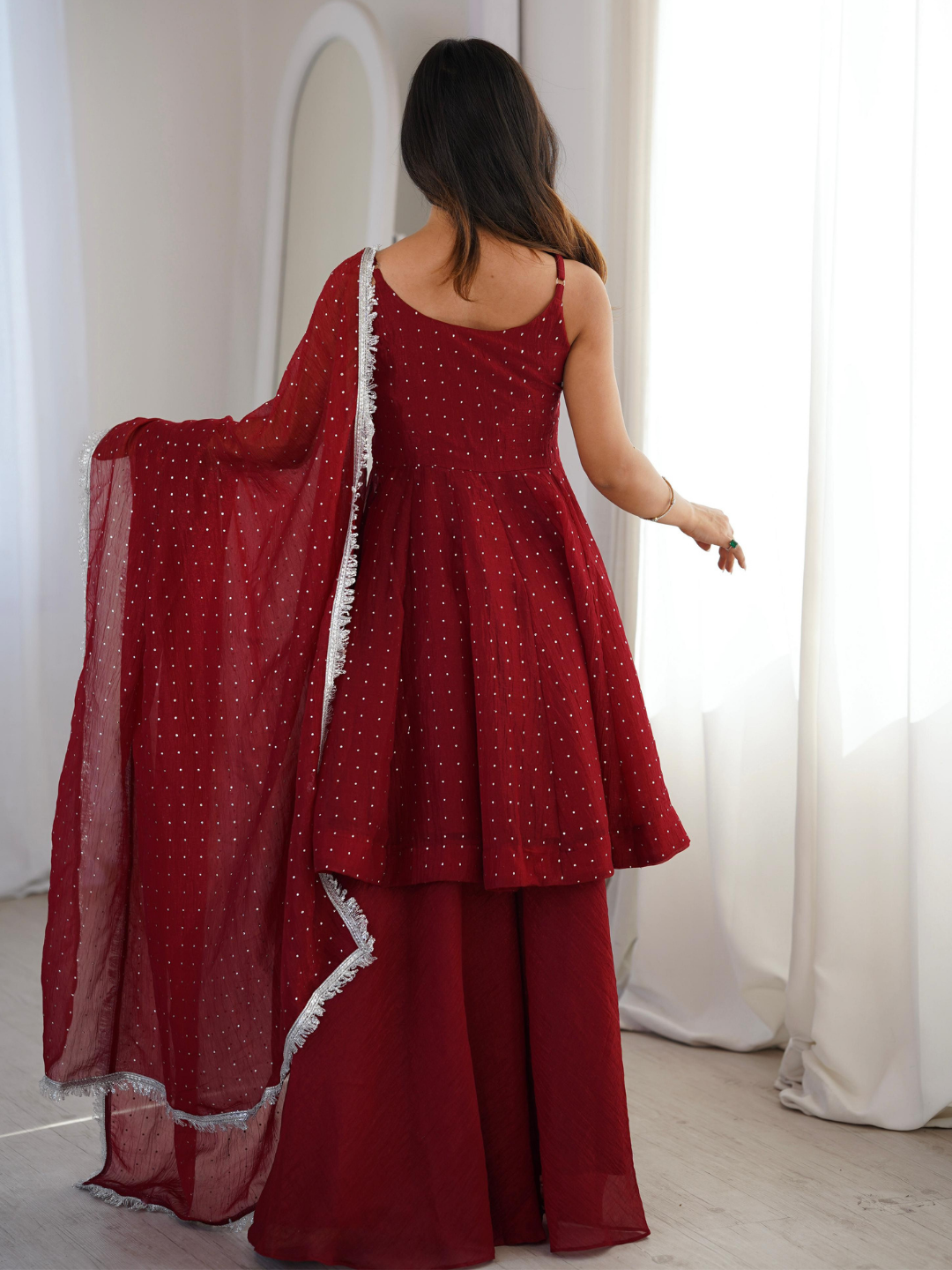 Crimson Elegance Crunchy Silk Sharara Set