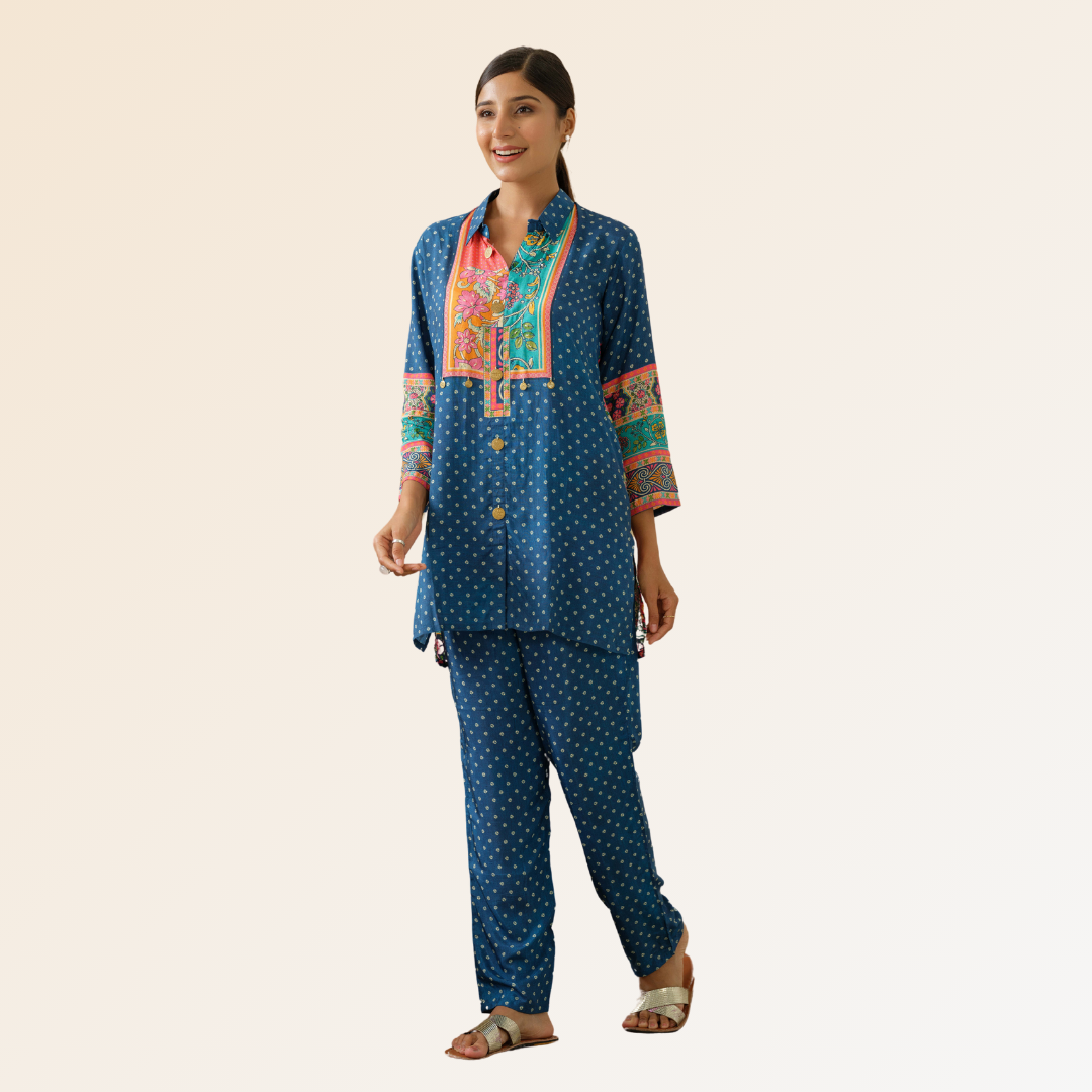 Blue Bandhani Print Muslin Co-Ord Set