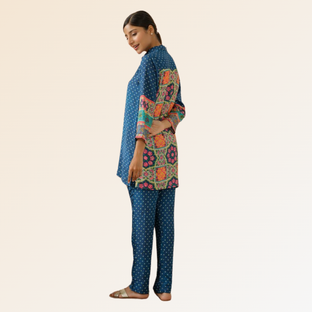 Blue Bandhani Print Muslin Co-Ord Set