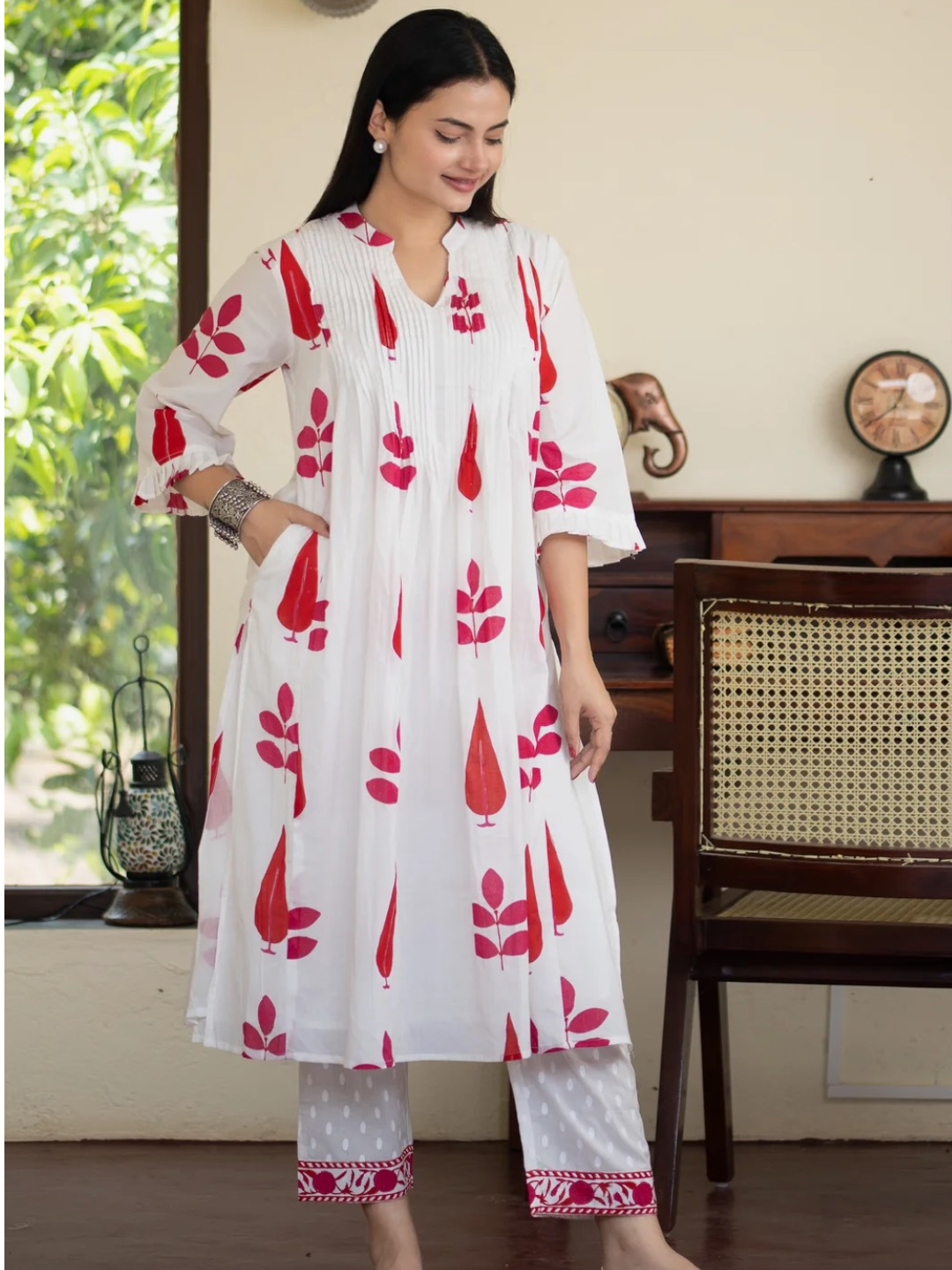 Hand Block Print Cotton Co-ord Set with Pintuck Yoke