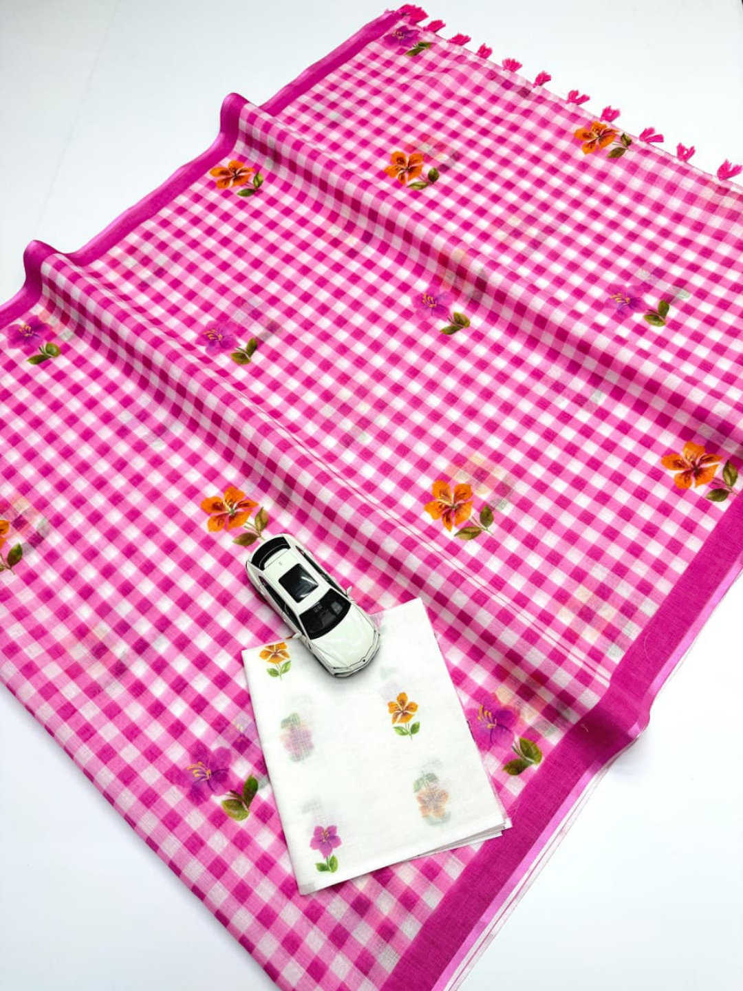 Digital Print Checkered Soft Linen Saree