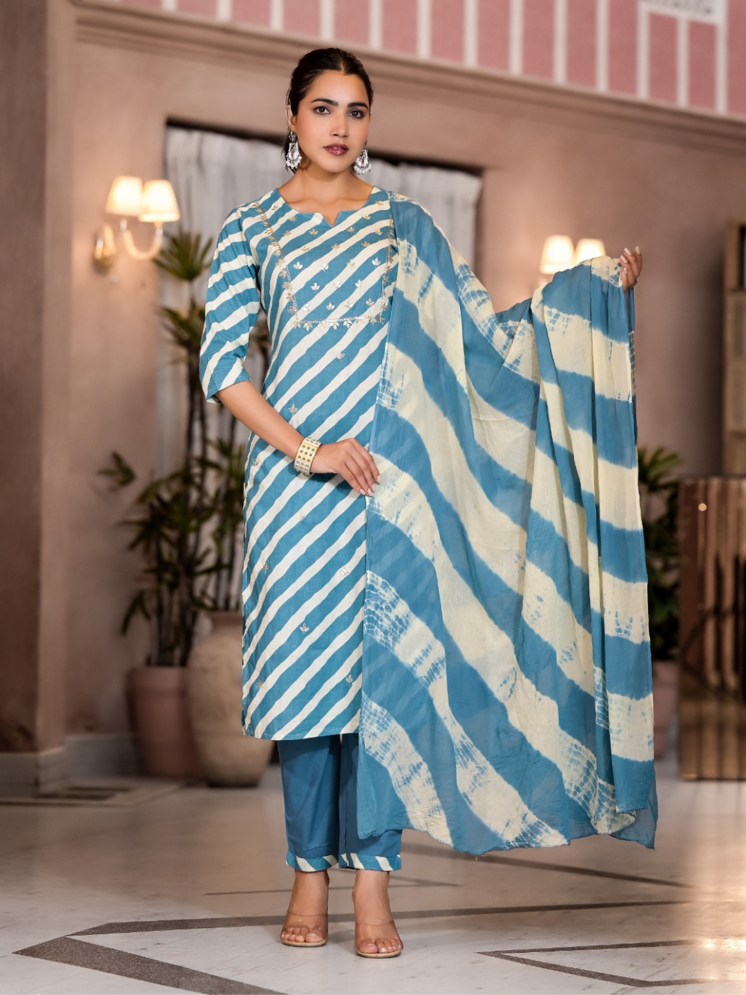 Sky Blue Striped Muslin Dupatta Set