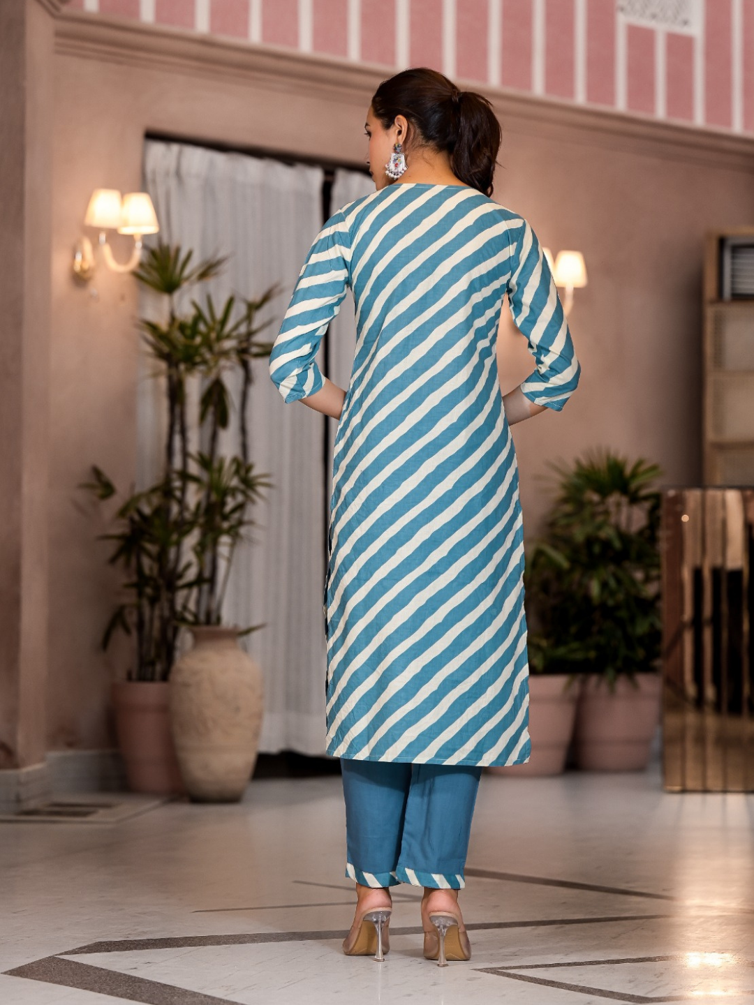 Sky Blue Striped Muslin Dupatta Set