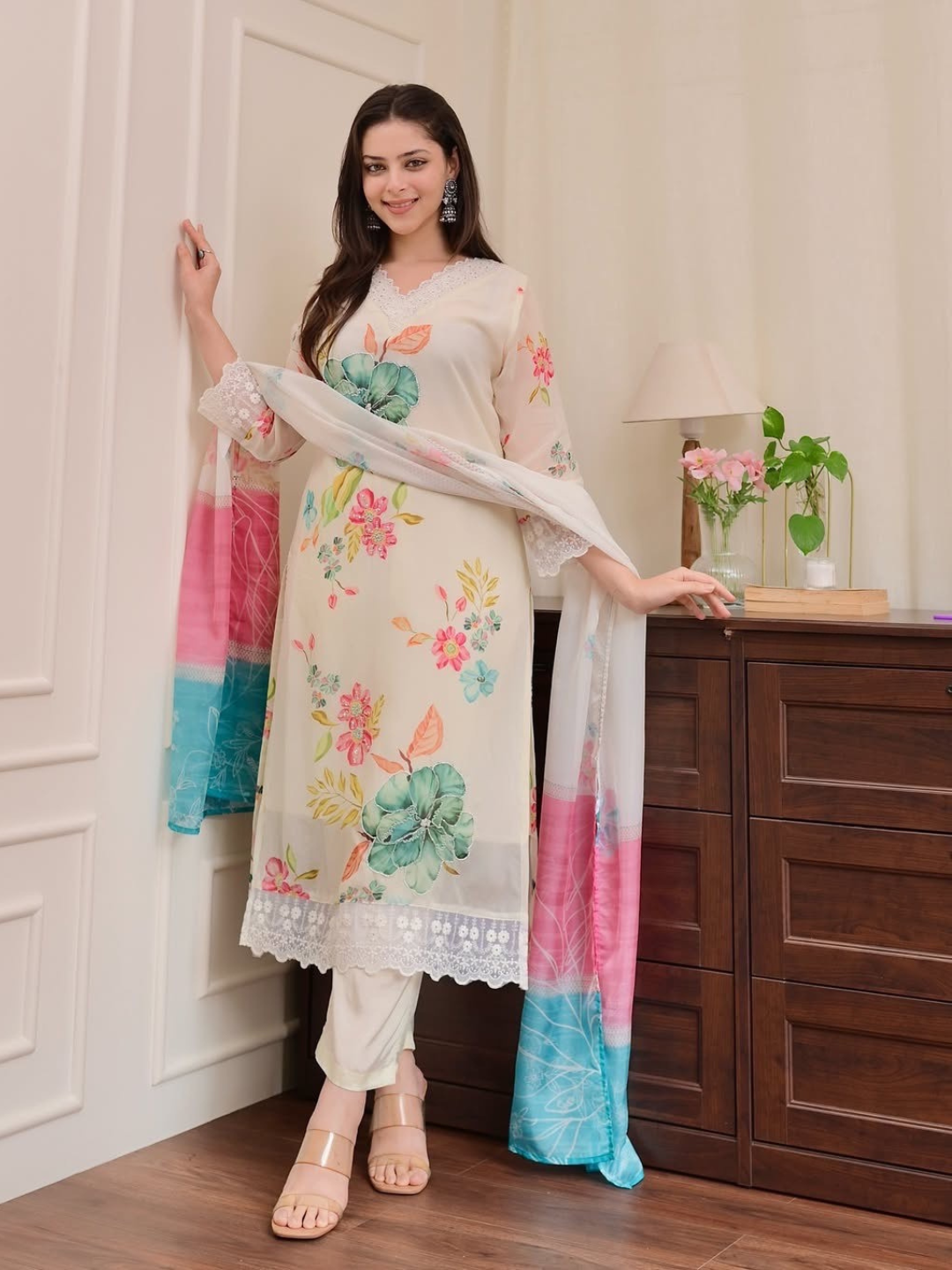 Bloom in Elegance: Off-White Organza Dupatta Set