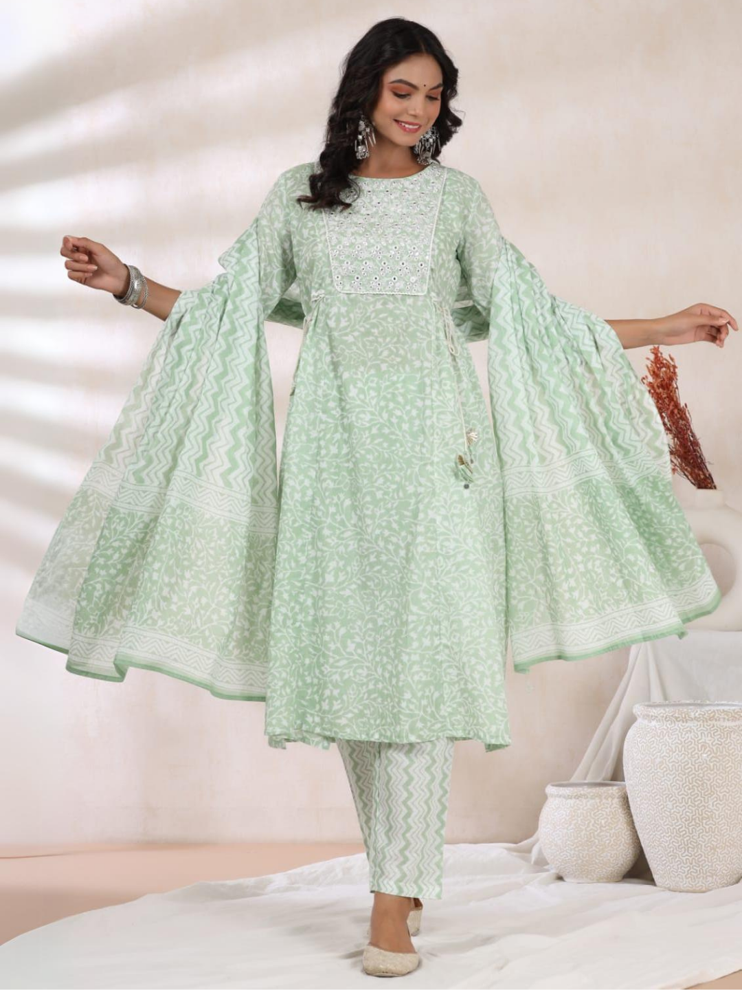 Mint Green Printed Dupatta Set