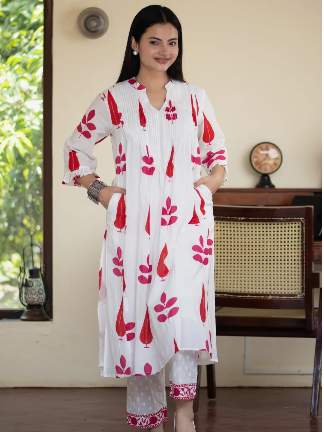 Hand Block Print Cotton Co-ord Set with Pintuck Yoke
