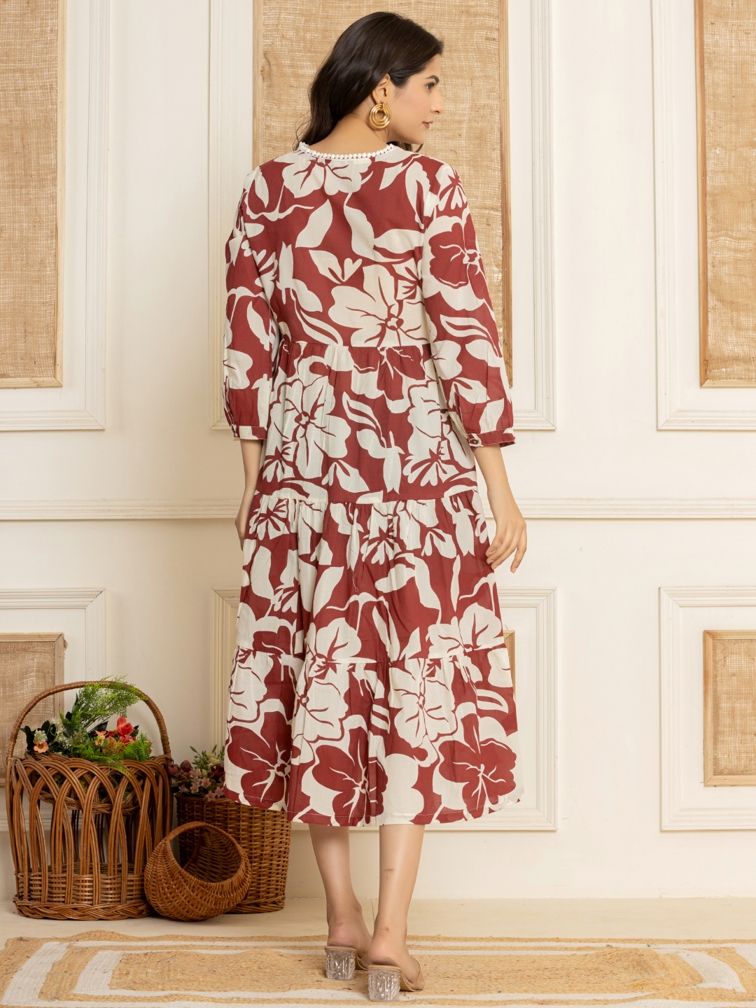 Graceful Maroon Tiered Cotton Dress