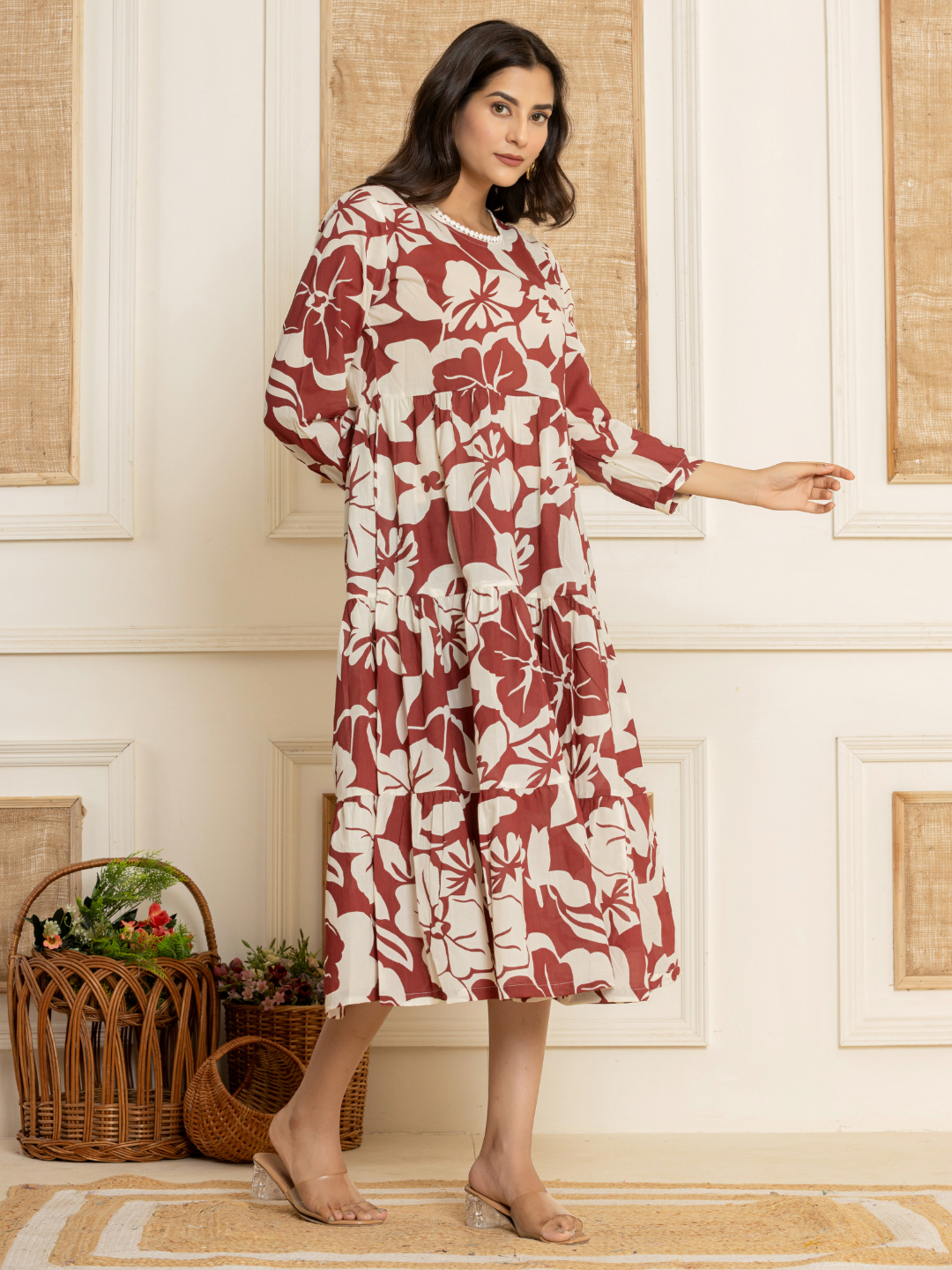 Graceful Maroon Tiered Cotton Dress