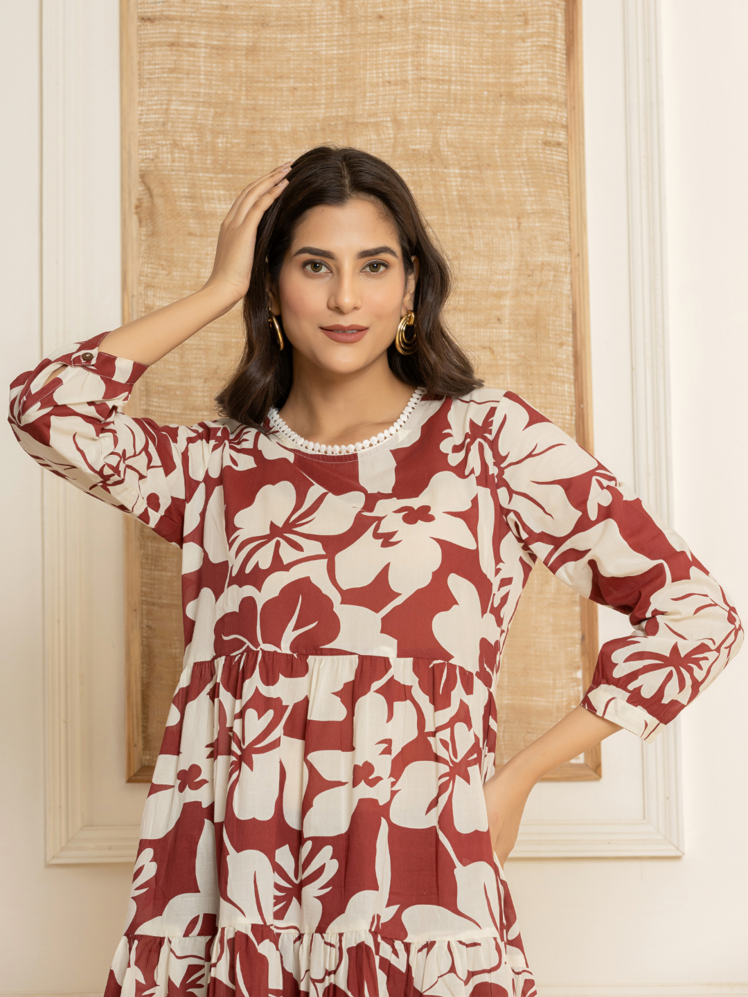 Graceful Maroon Tiered Cotton Dress