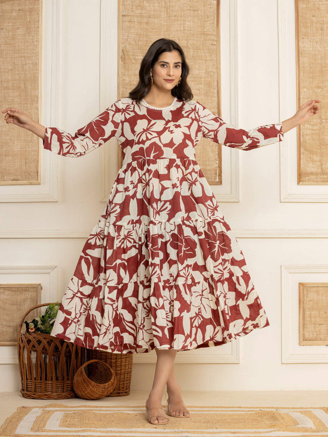 Graceful Maroon Tiered Cotton Dress
