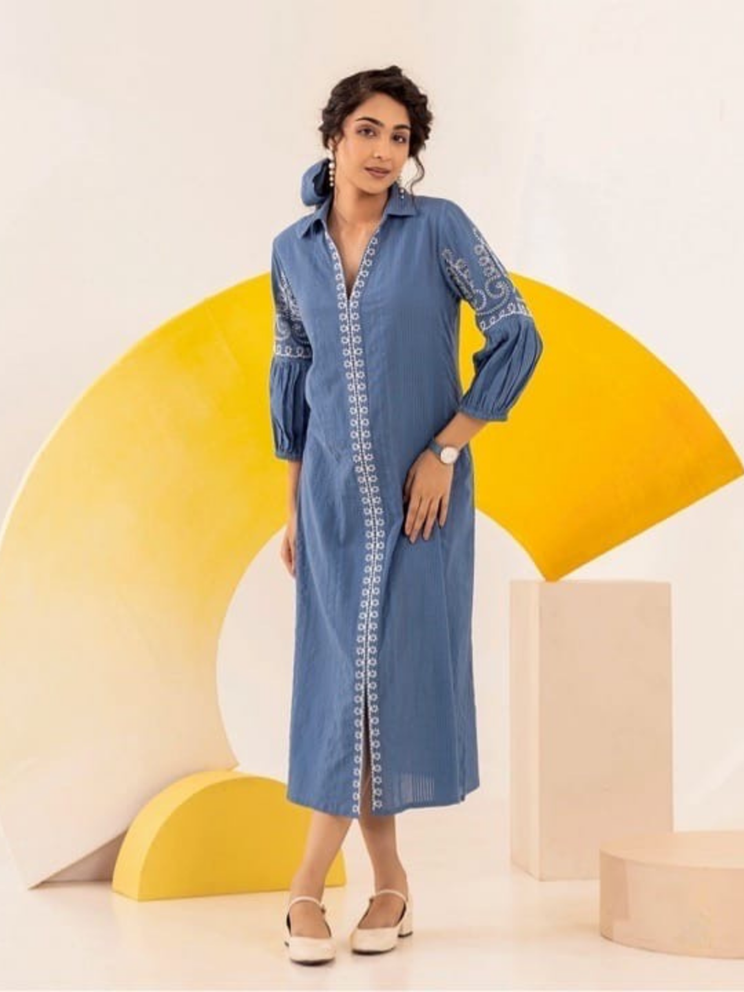 Chic Embroidered Cotton Midi Dress
