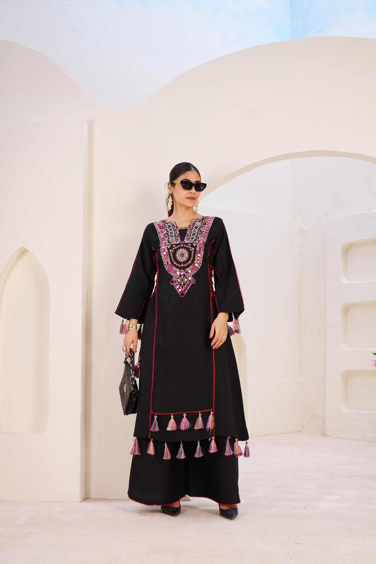 Boho Off-White Khadi Mirror Work Set