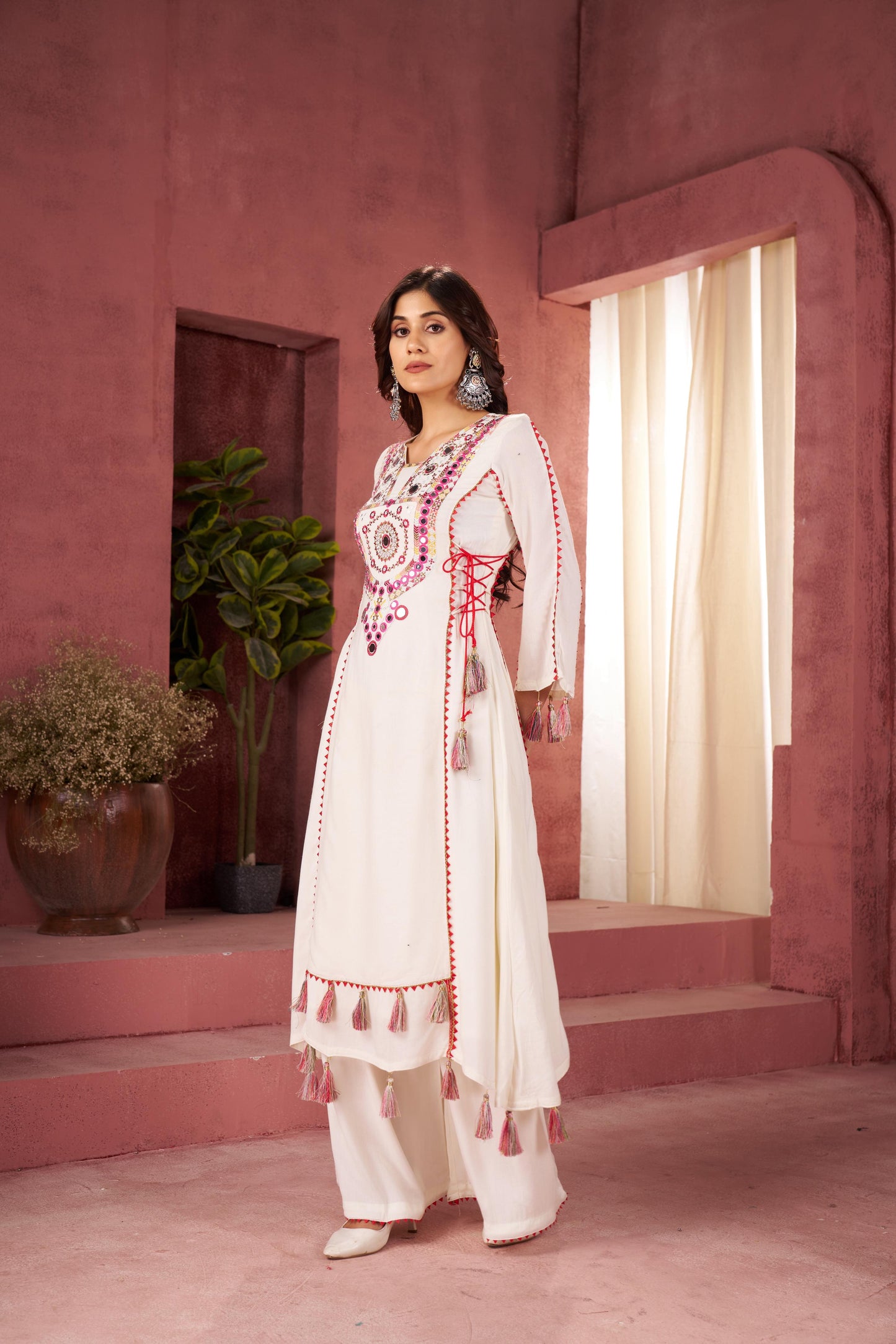 Boho Off-White Khadi Mirror Work Set