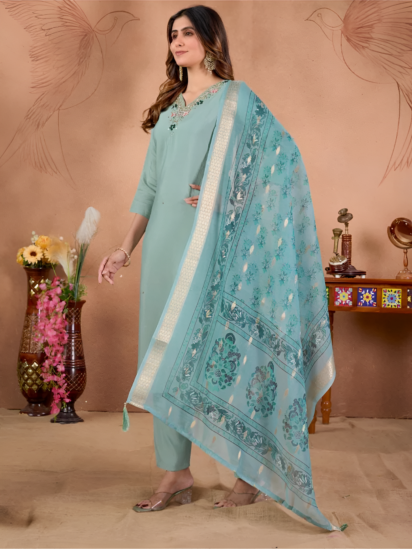 Serene Mint Roman Silk Embroidered Dupatta Set