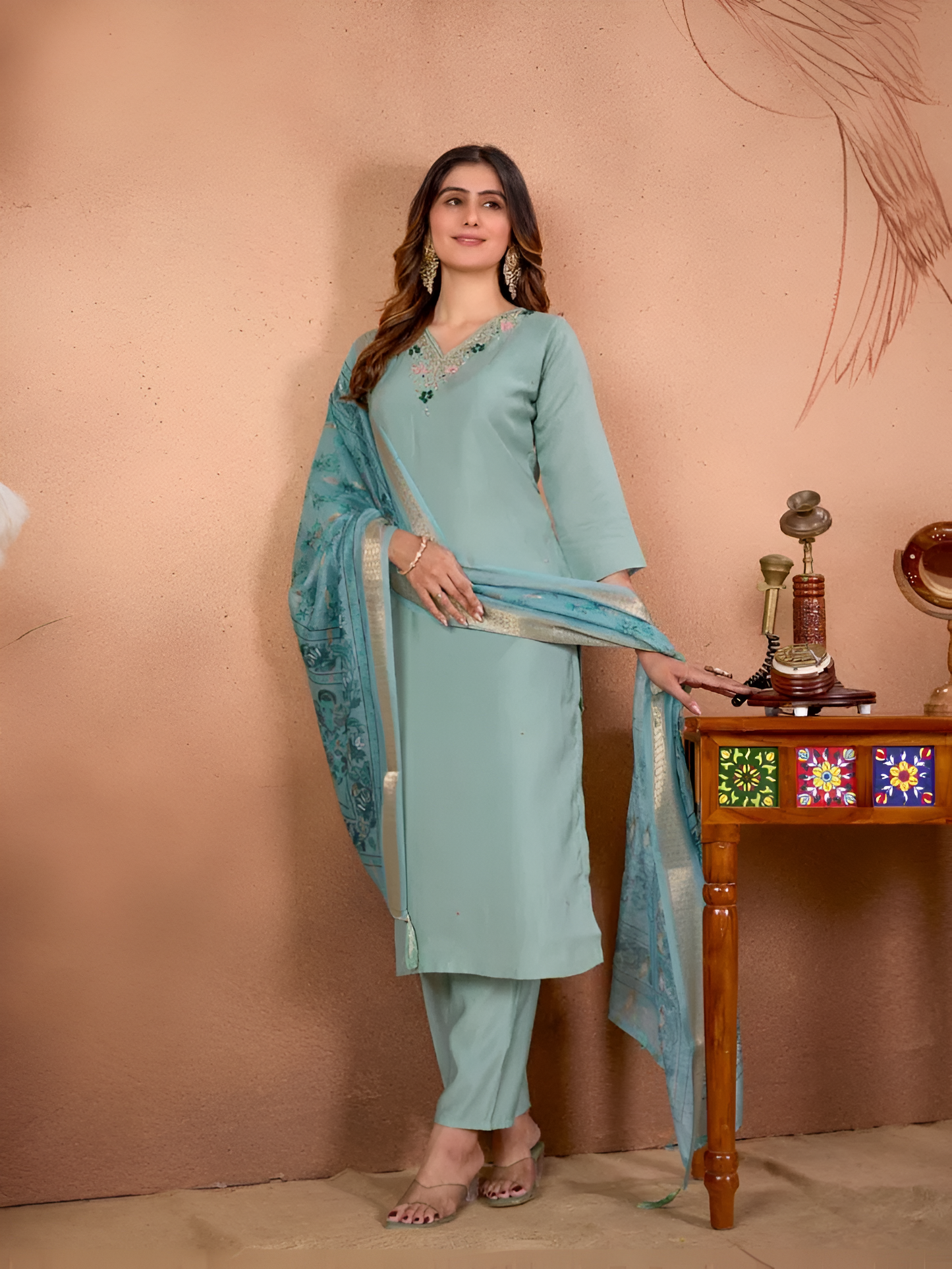 Serene Mint Roman Silk Embroidered Dupatta Set