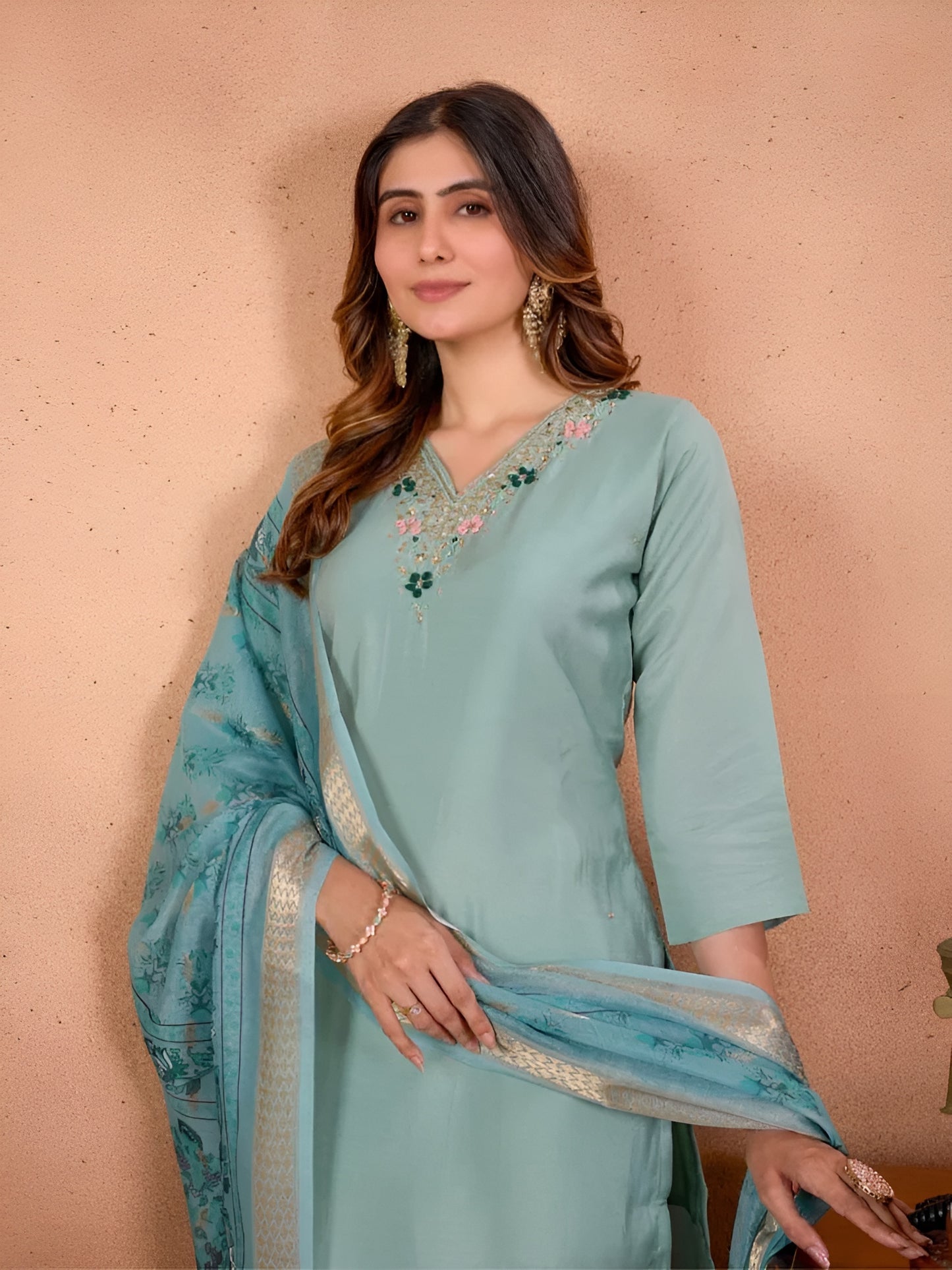 Serene Mint Roman Silk Embroidered Dupatta Set