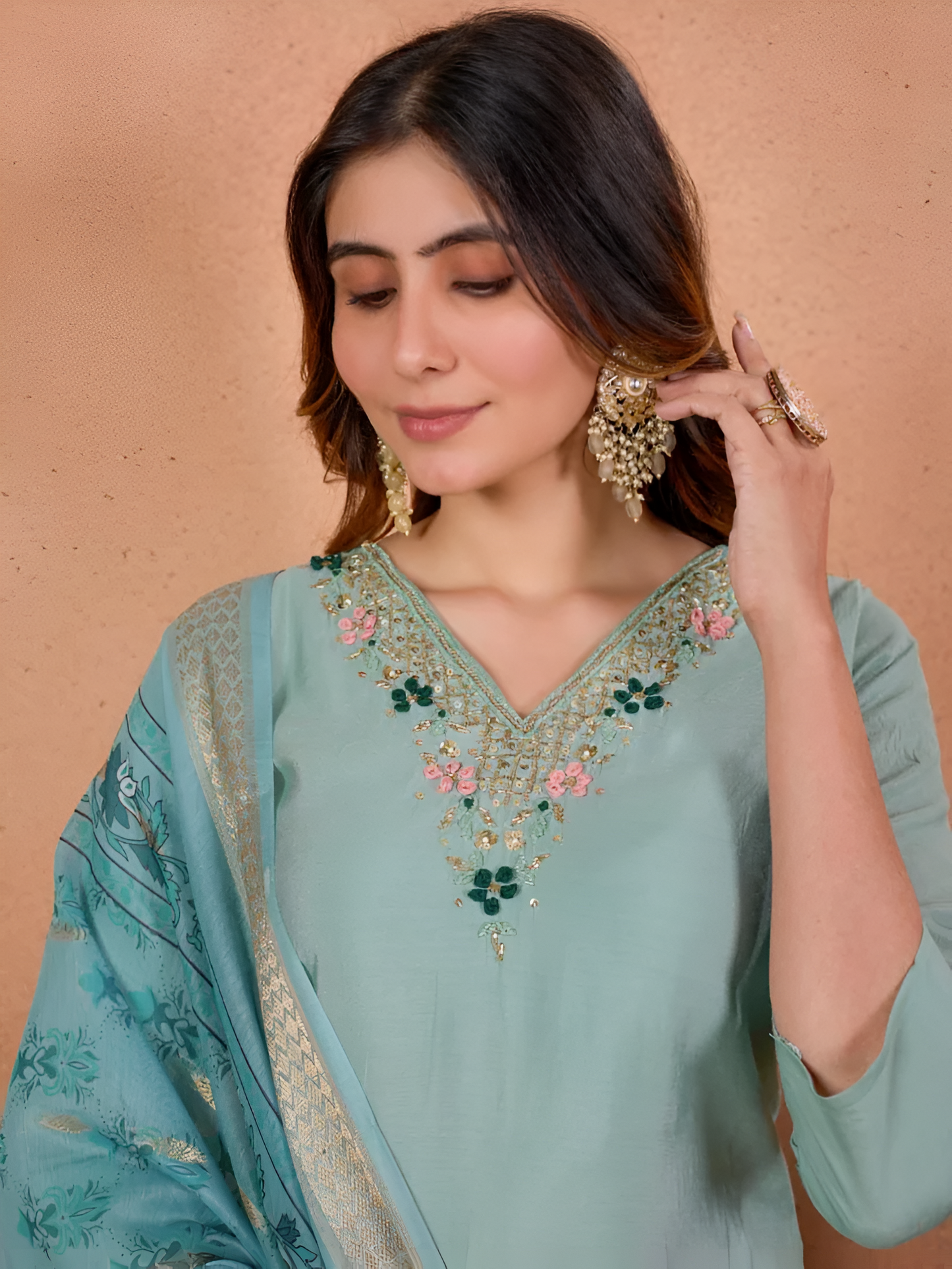 Serene Mint Roman Silk Embroidered Dupatta Set