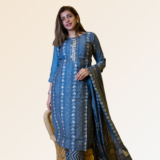 Blue Dupatta Set With Embroidered neck