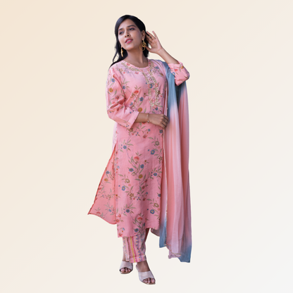 Peach Floral Print Dupatta Set With Gota Work On Neck