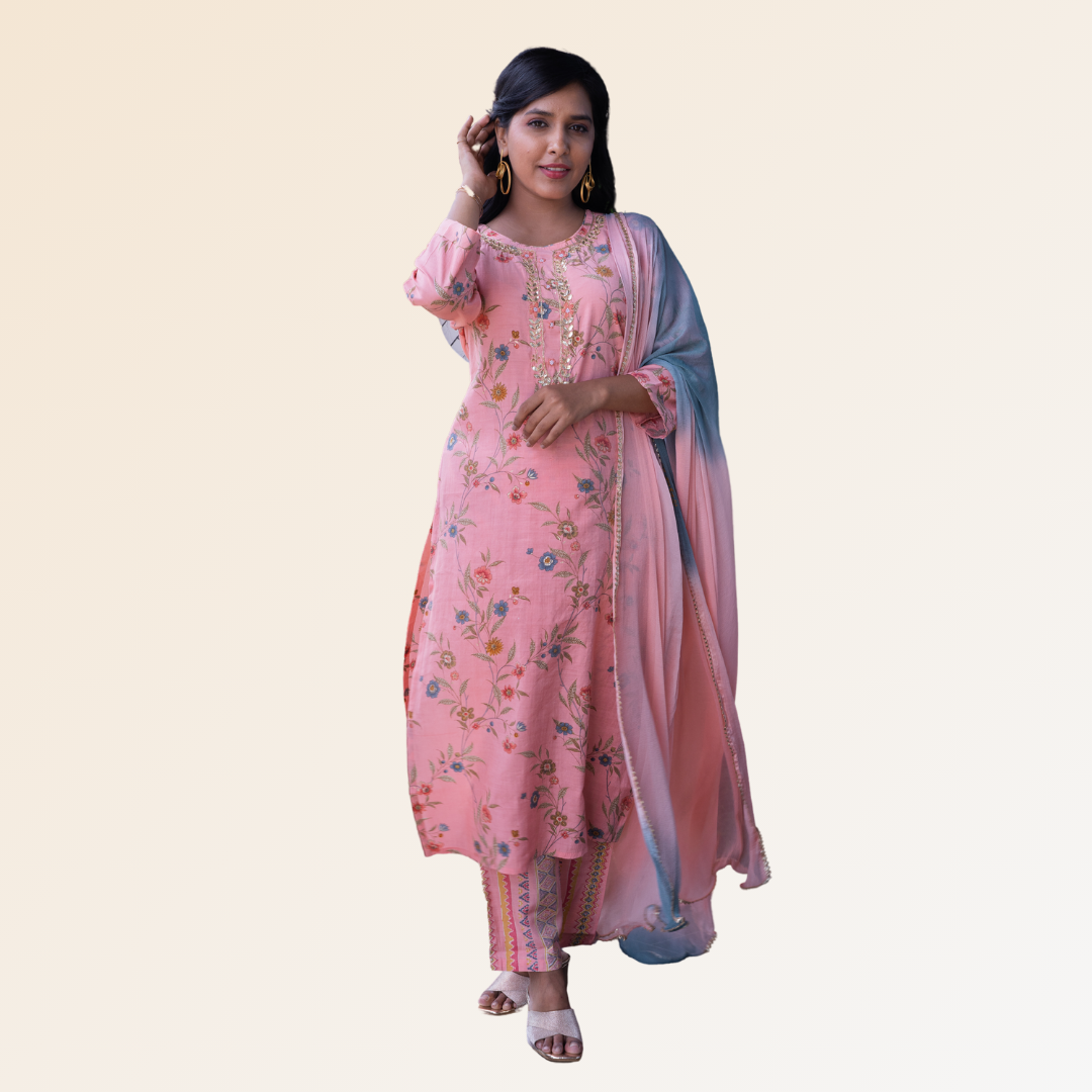 Peach Floral Print Dupatta Set With Gota Work On Neck