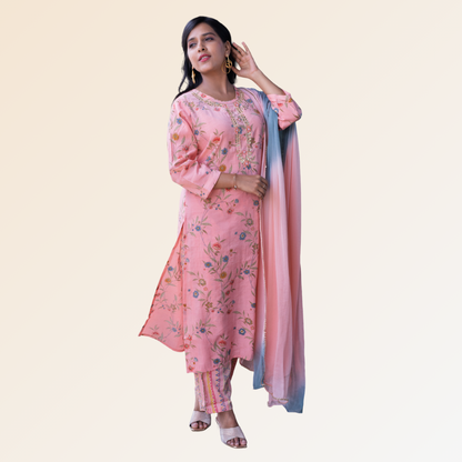 Peach Floral Print Dupatta Set With Gota Work On Neck