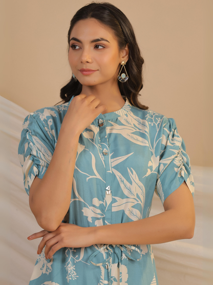 Light Blue Floral Print Midi Dress with Ruched Sleeves