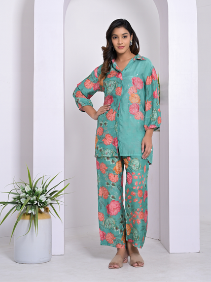 Floral Escape Teal Muslin Co-ord Set