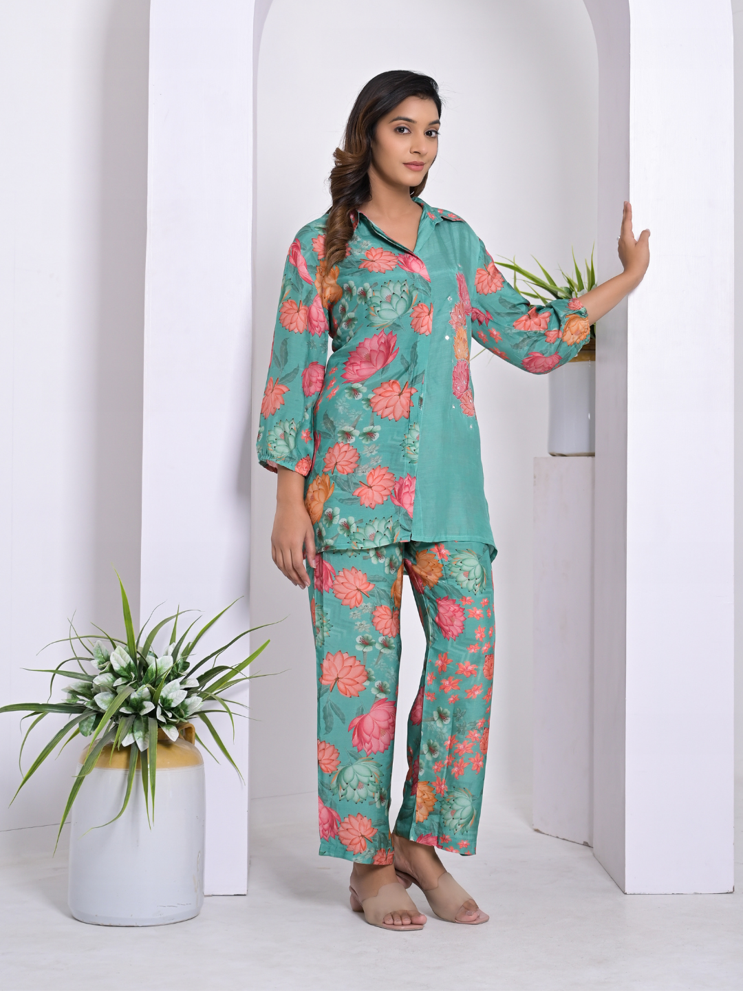 Floral Escape Teal Muslin Co-ord Set