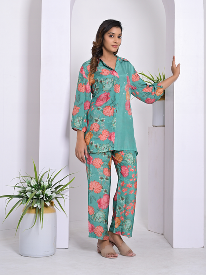 Floral Escape Teal Muslin Co-ord Set