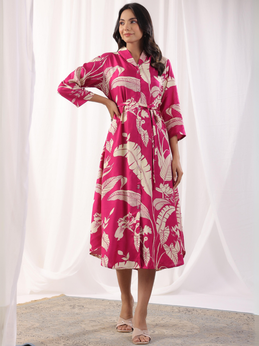 Dark Pink Leaves Print Midi Dress