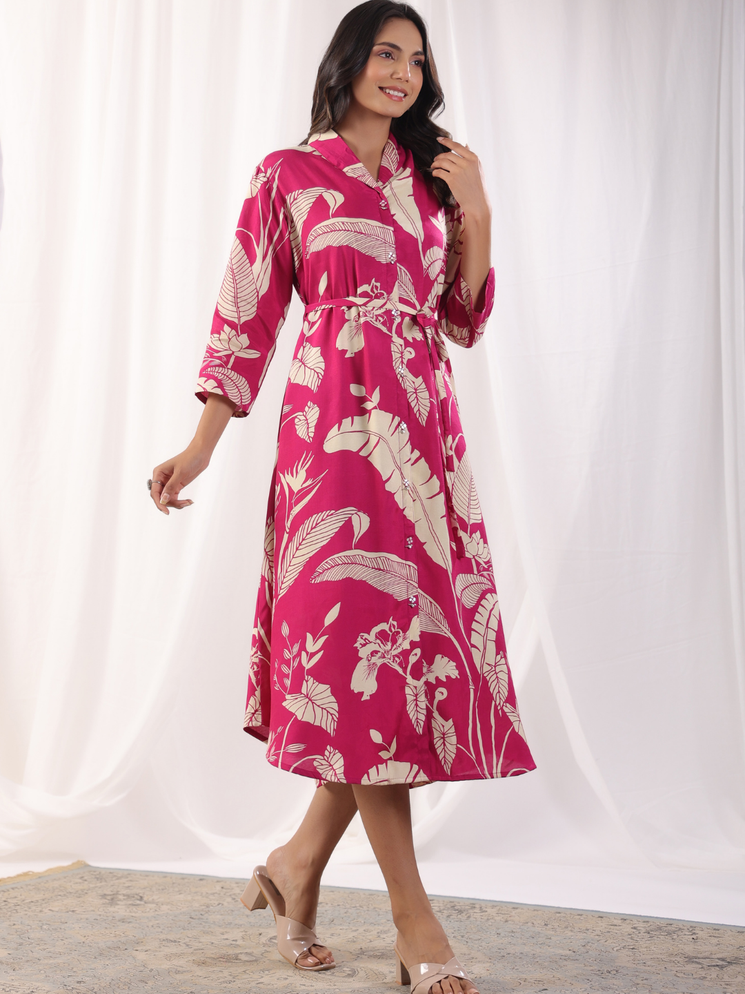 Dark Pink Leaves Print Midi Dress