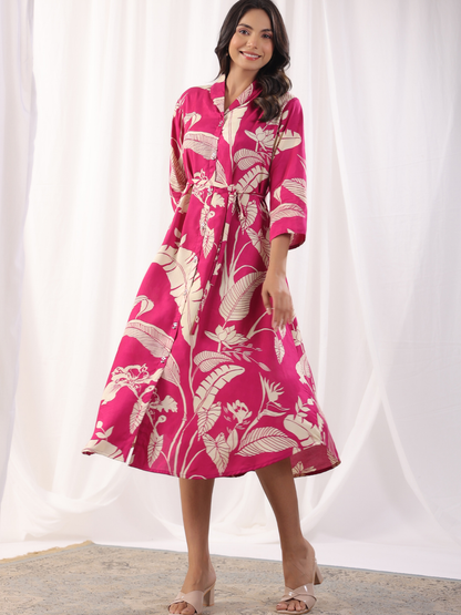 Dark Pink Leaves Print Midi Dress