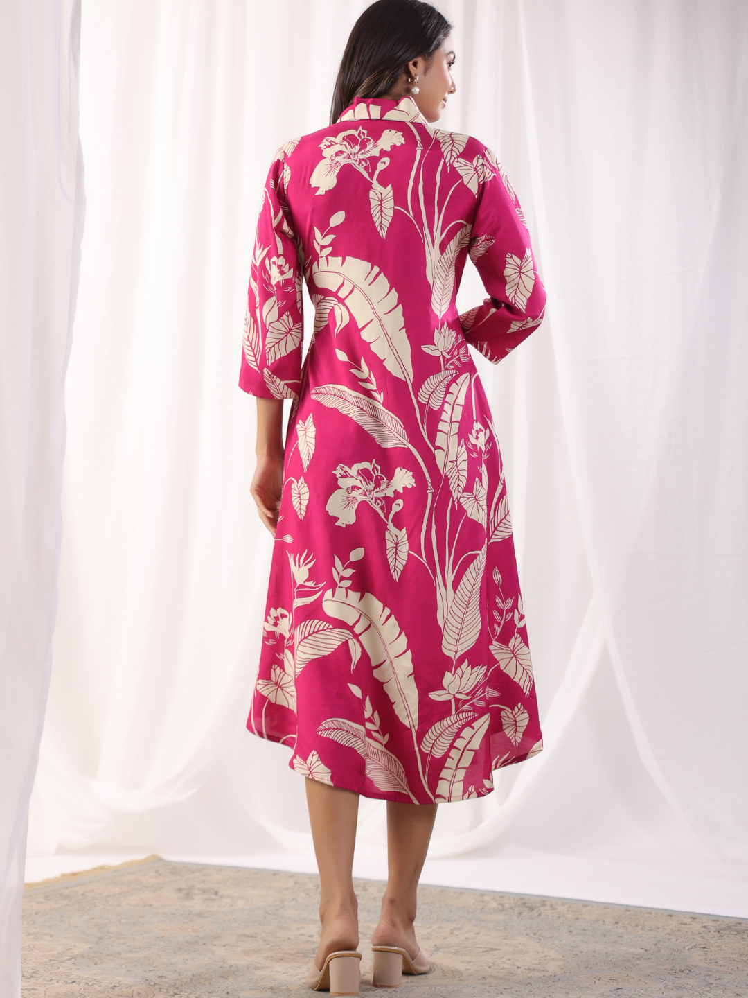 Dark Pink Leaves Print Midi Dress